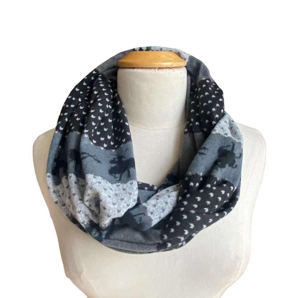 Nordic Reindeer Fair Isle Neutral Gray Black Lightweight Knit Infinity Scarf